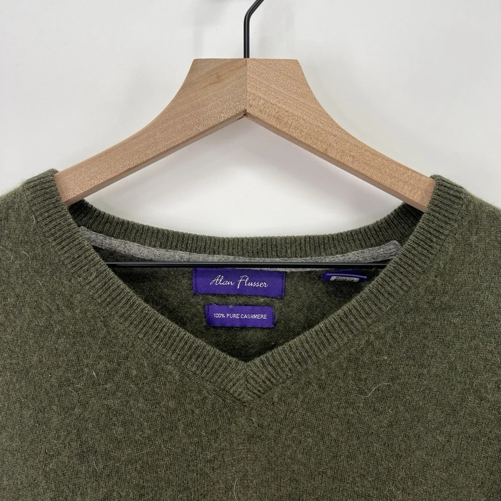 Alan Flusser Cashmere Sweater Men XL Green V Neck Preppy Hipster Old Money - Picture 2 of 11